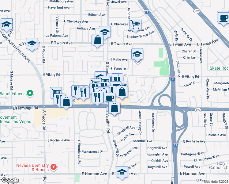 map of restaurants, bars, coffee shops, grocery stores, and more near 3830 Nevada 592 in Las Vegas