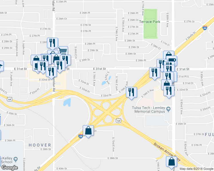map of restaurants, bars, coffee shops, grocery stores, and more near 7231 East 32nd Place in Tulsa