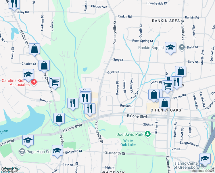 map of restaurants, bars, coffee shops, grocery stores, and more near 3232 Yanceyville Street in Greensboro