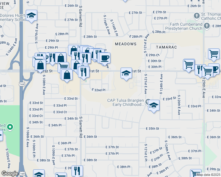 map of restaurants, bars, coffee shops, grocery stores, and more near 3217 South 117th East Avenue in Tulsa