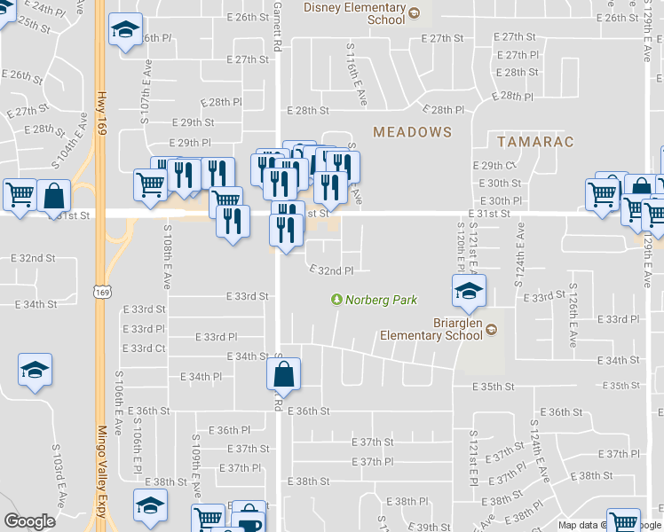map of restaurants, bars, coffee shops, grocery stores, and more near 11427 East 32nd Place in Tulsa