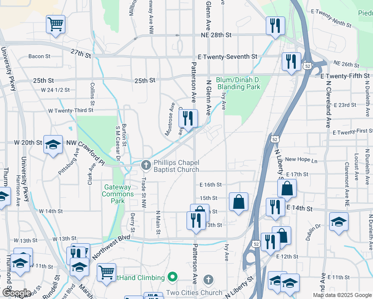 map of restaurants, bars, coffee shops, grocery stores, and more near 2014 Greenway Avenue Northwest in Winston-Salem