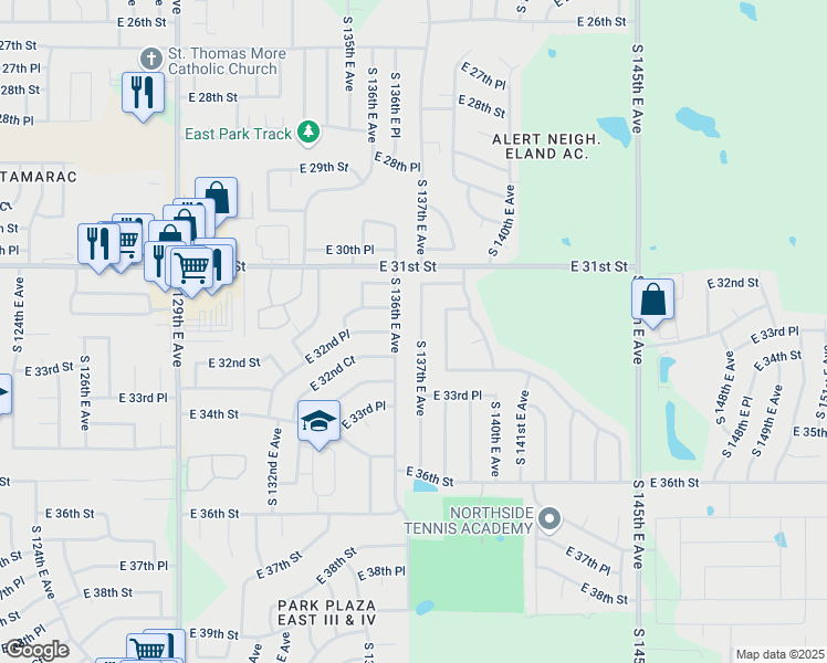 map of restaurants, bars, coffee shops, grocery stores, and more near 3221 South 136th East Avenue in Tulsa