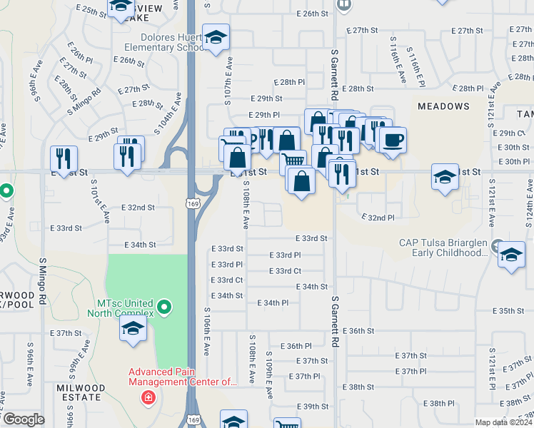 map of restaurants, bars, coffee shops, grocery stores, and more near 3155 South 108th East Avenue in Tulsa