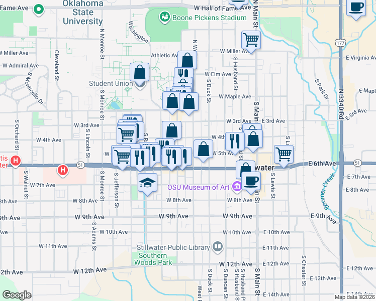 map of restaurants, bars, coffee shops, grocery stores, and more near 417 South Knoblock Street in Stillwater