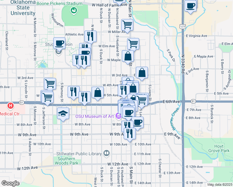 map of restaurants, bars, coffee shops, grocery stores, and more near 212 West 5th Avenue in Stillwater