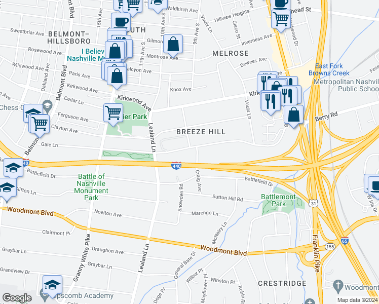 map of restaurants, bars, coffee shops, grocery stores, and more near 933 Gale Lane in Nashville