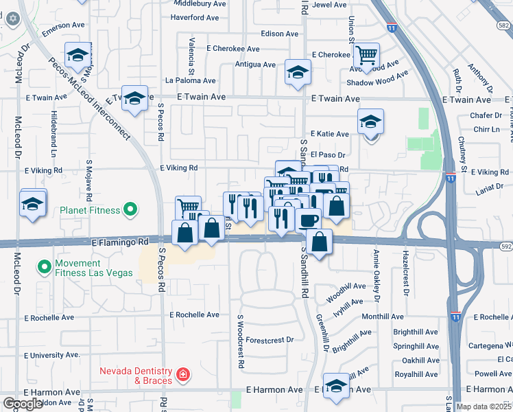 map of restaurants, bars, coffee shops, grocery stores, and more near 3681 East Saddle Avenue in Las Vegas