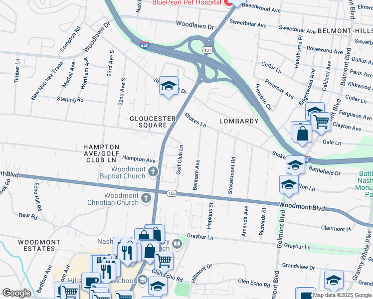 map of restaurants, bars, coffee shops, grocery stores, and more near 3416 Golf Club Lane in Nashville