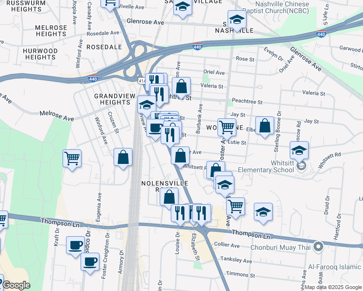 map of restaurants, bars, coffee shops, grocery stores, and more near 320 Joyner Avenue in Nashville