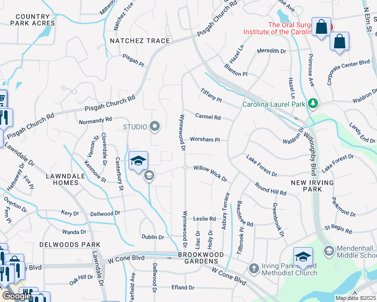 map of restaurants, bars, coffee shops, grocery stores, and more near 3100 Wynnewood Drive in Greensboro