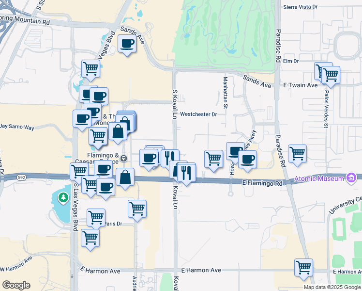 map of restaurants, bars, coffee shops, grocery stores, and more near 210 East Flamingo Road in Las Vegas