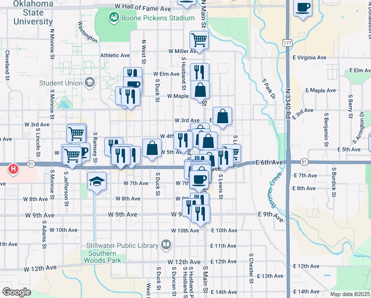 map of restaurants, bars, coffee shops, grocery stores, and more near 212 West 5th Avenue in Stillwater