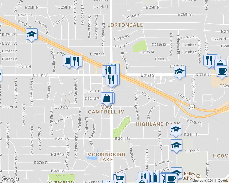 map of restaurants, bars, coffee shops, grocery stores, and more near 3209 South Yale Avenue in Tulsa