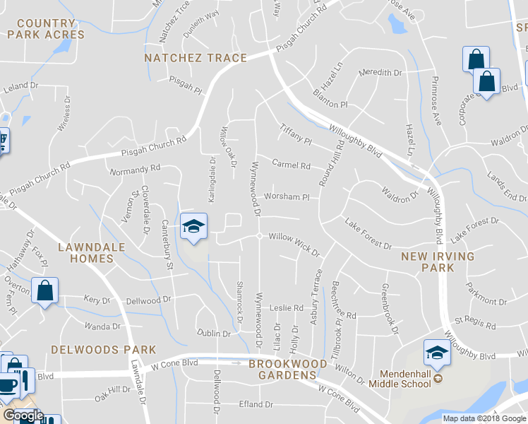 map of restaurants, bars, coffee shops, grocery stores, and more near 3100 Wynnewood Drive in Greensboro