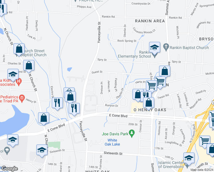 map of restaurants, bars, coffee shops, grocery stores, and more near 3215 James Place in Greensboro