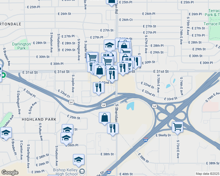 map of restaurants, bars, coffee shops, grocery stores, and more near 6342 East 32nd Street in Tulsa