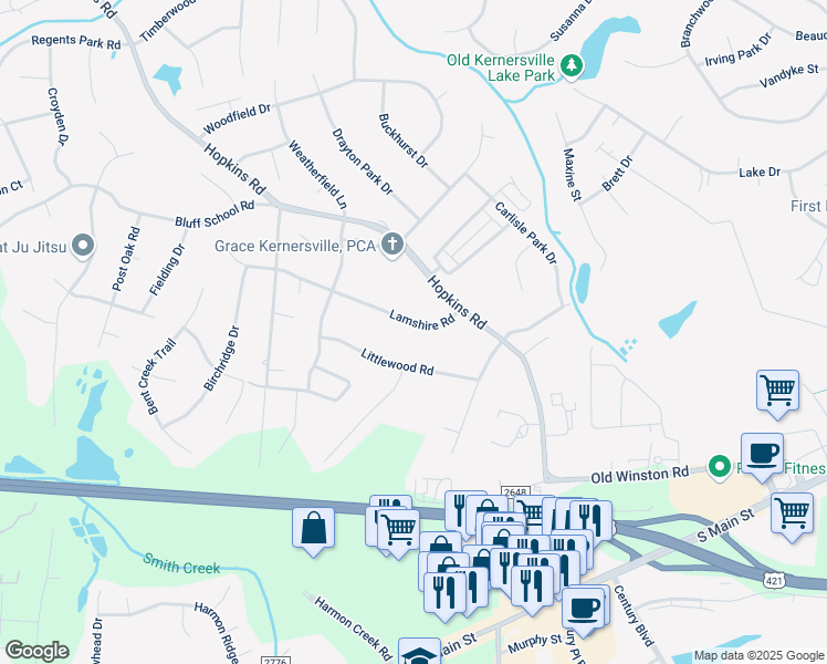 map of restaurants, bars, coffee shops, grocery stores, and more near 6464 Lamshire Road in Kernersville