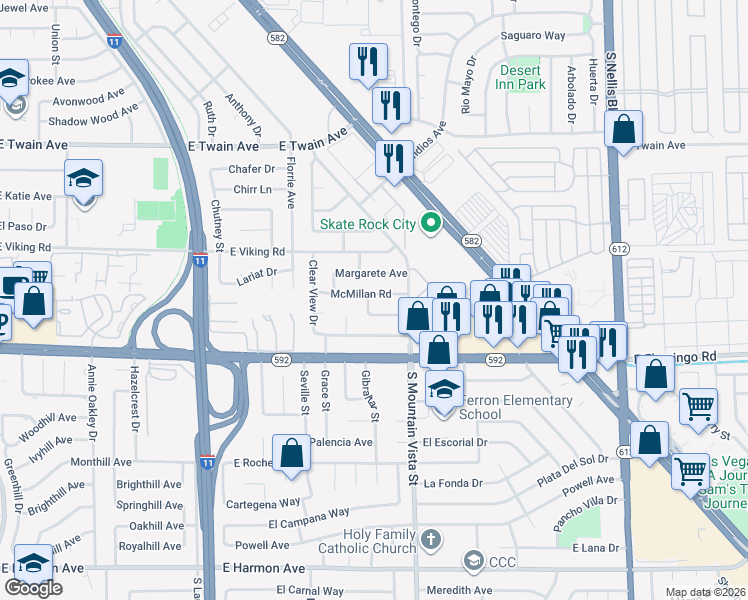 map of restaurants, bars, coffee shops, grocery stores, and more near 4533 McMillan Road in Las Vegas