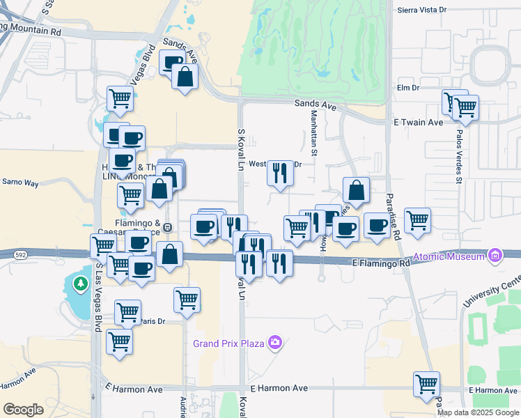 map of restaurants, bars, coffee shops, grocery stores, and more near 210 East Flamingo Road in Las Vegas