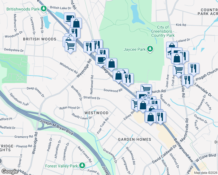 map of restaurants, bars, coffee shops, grocery stores, and more near 3018 Sourwood Road in Greensboro