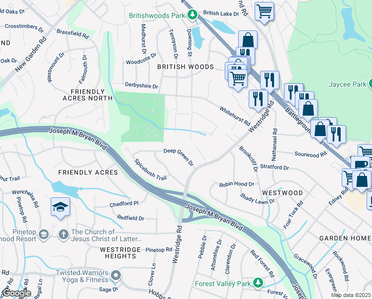 map of restaurants, bars, coffee shops, grocery stores, and more near 3412 Deep Green Drive in Greensboro