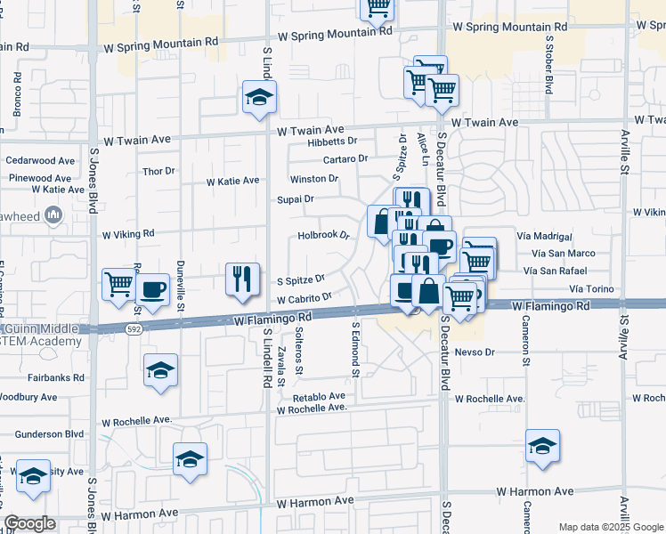 map of restaurants, bars, coffee shops, grocery stores, and more near 4015 South Spitze Drive in Las Vegas