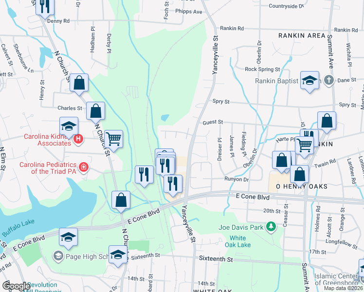 map of restaurants, bars, coffee shops, grocery stores, and more near 3233 Yanceyville Street in Greensboro