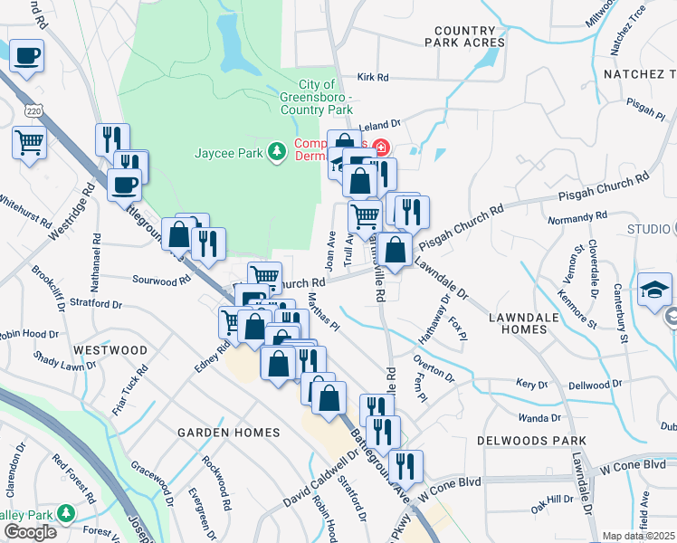 map of restaurants, bars, coffee shops, grocery stores, and more near 2302 Pisgah Church Road in Greensboro