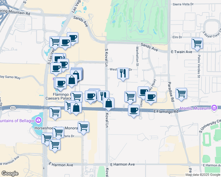map of restaurants, bars, coffee shops, grocery stores, and more near 210 East Flamingo Road in Las Vegas