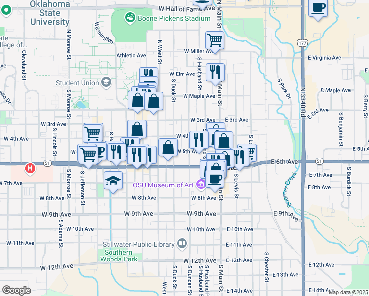 map of restaurants, bars, coffee shops, grocery stores, and more near 418 South Duncan Street in Stillwater