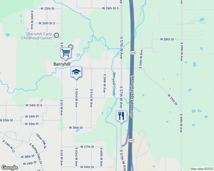 map of restaurants, bars, coffee shops, grocery stores, and more near 3129 South 59th West Avenue in Tulsa