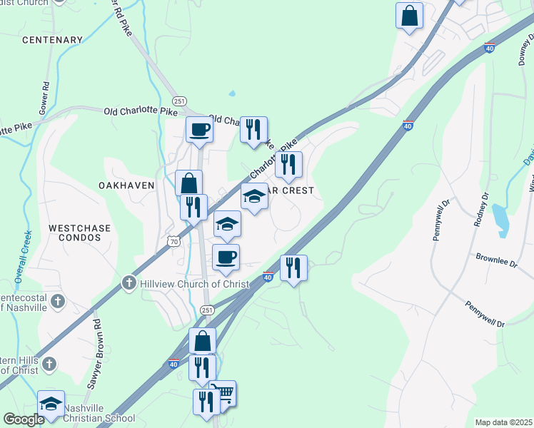 map of restaurants, bars, coffee shops, grocery stores, and more near 817 Cedar Crest Drive in Nashville