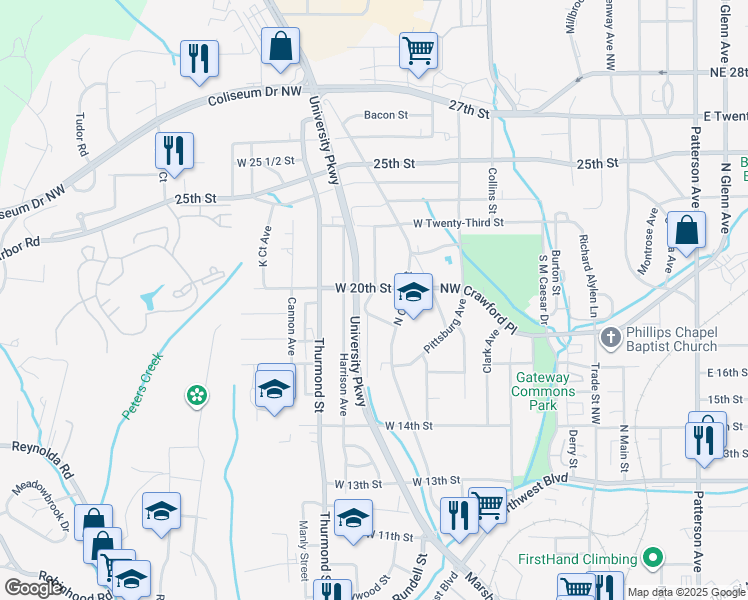 map of restaurants, bars, coffee shops, grocery stores, and more near 1731 Lincoln Avenue Northwest in Winston-Salem