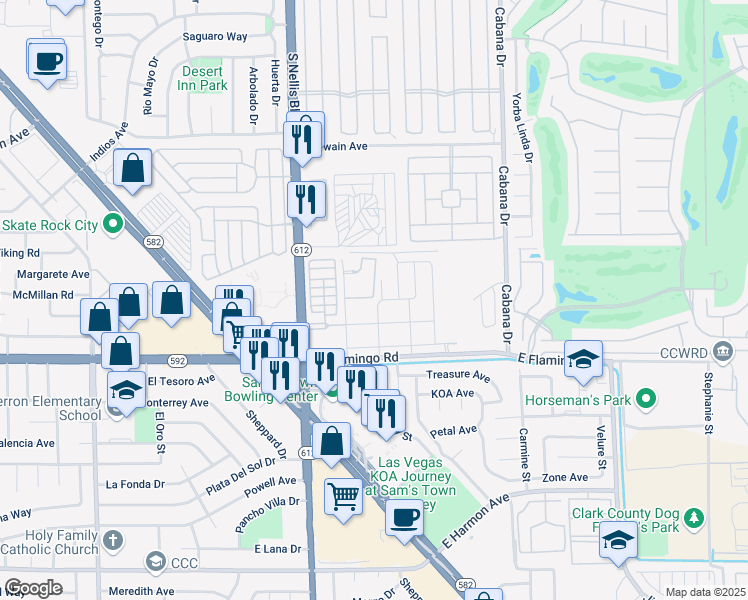 map of restaurants, bars, coffee shops, grocery stores, and more near 77 East General Miles Way in Las Vegas