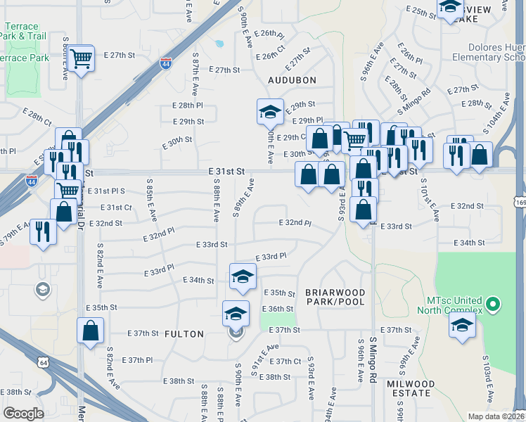 map of restaurants, bars, coffee shops, grocery stores, and more near 9006 East 32nd Street in Tulsa
