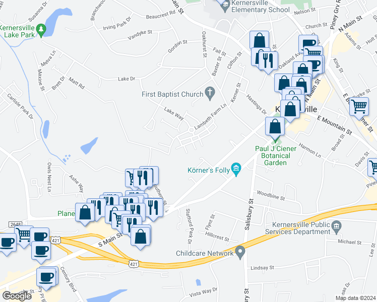 map of restaurants, bars, coffee shops, grocery stores, and more near 408 McConnell Landing in Kernersville
