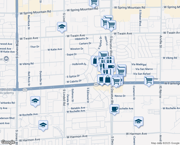 map of restaurants, bars, coffee shops, grocery stores, and more near 4025 Tirana Way in Las Vegas