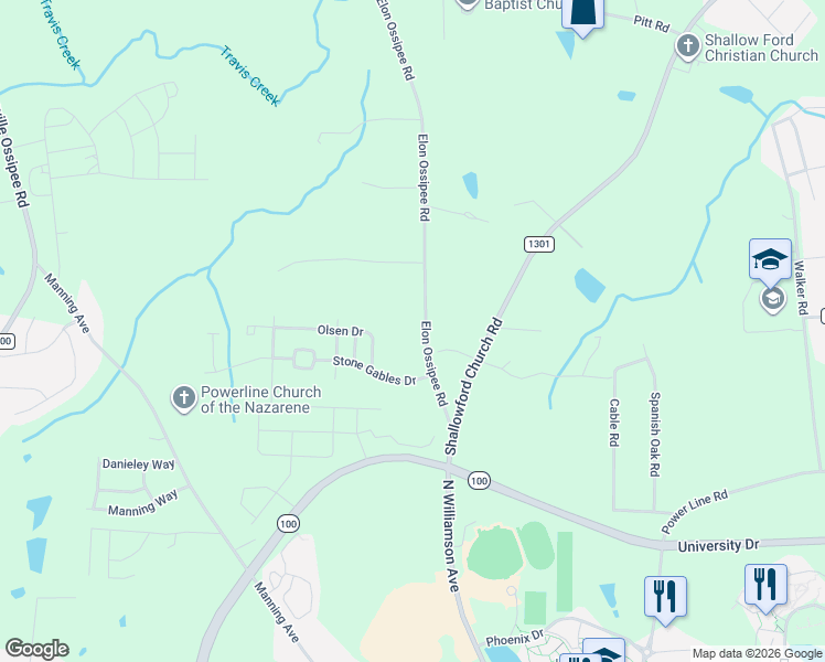 map of restaurants, bars, coffee shops, grocery stores, and more near 906 Elon Ossipee Road in Elon