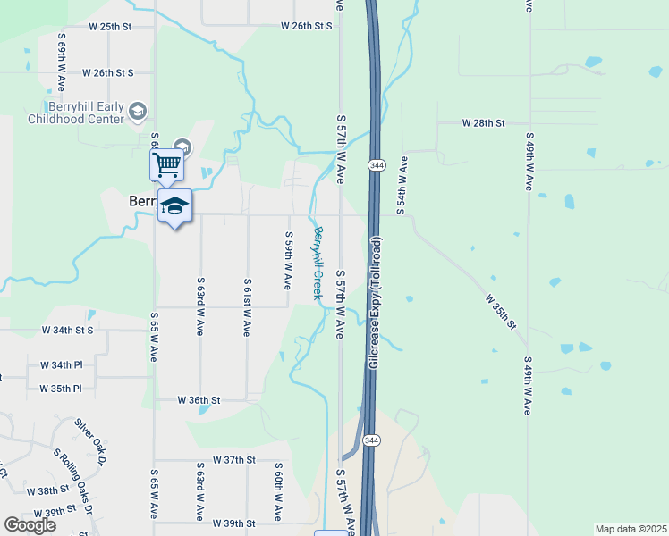 map of restaurants, bars, coffee shops, grocery stores, and more near 3158 South 57th West Avenue in Tulsa