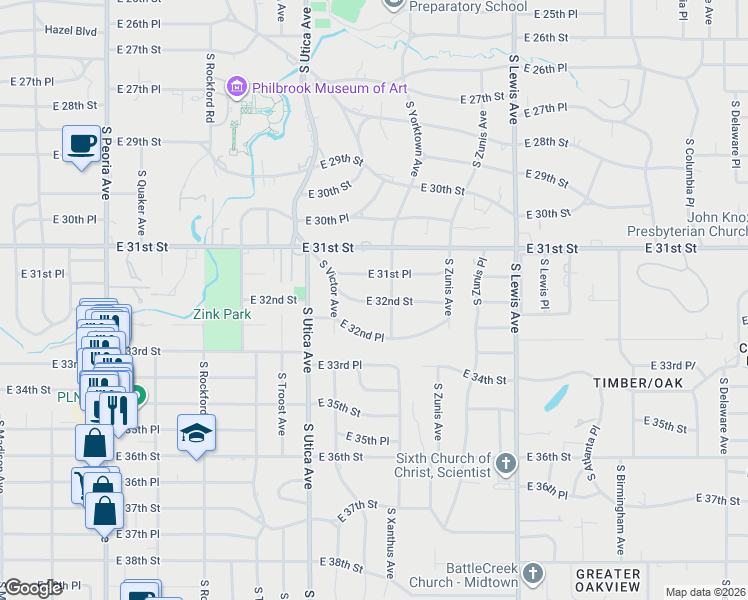 map of restaurants, bars, coffee shops, grocery stores, and more near 1841 East 32nd Street in Tulsa