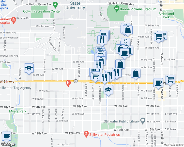 map of restaurants, bars, coffee shops, grocery stores, and more near 416 South Jefferson Street in Stillwater
