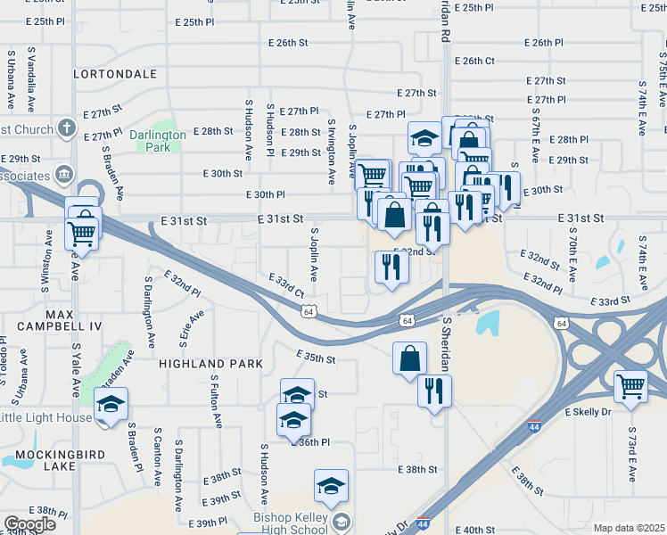 map of restaurants, bars, coffee shops, grocery stores, and more near 3224 S Kingston Ave in Tulsa