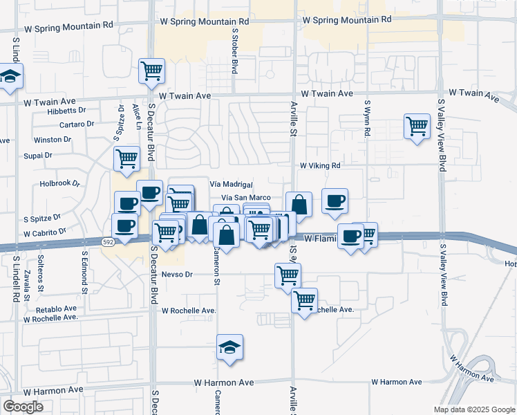 map of restaurants, bars, coffee shops, grocery stores, and more near 4498 Vía San Rafael in Las Vegas