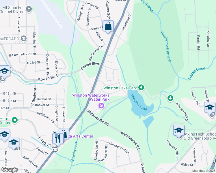 map of restaurants, bars, coffee shops, grocery stores, and more near 212 East Drive in Winston-Salem
