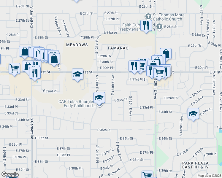 map of restaurants, bars, coffee shops, grocery stores, and more near 3154 South 124th East Avenue in Tulsa