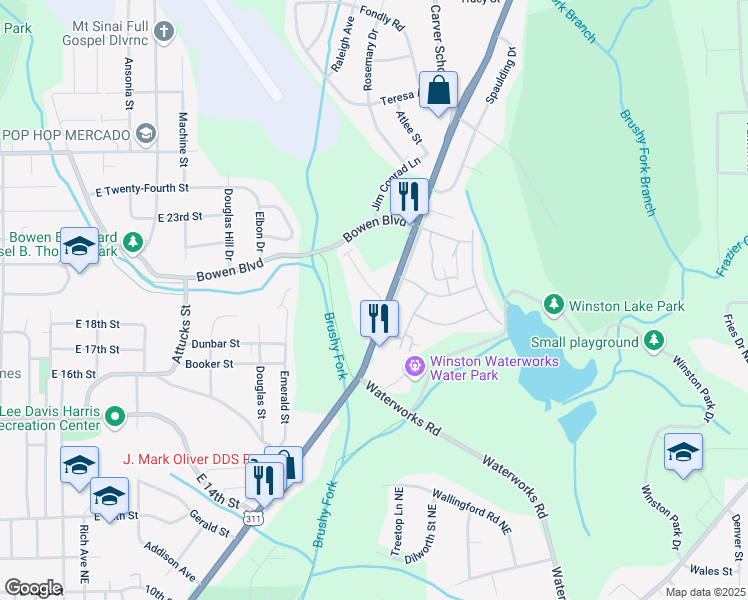 map of restaurants, bars, coffee shops, grocery stores, and more near 1029 New Walkertown Road in Winston-Salem