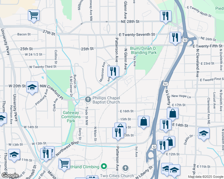 map of restaurants, bars, coffee shops, grocery stores, and more near 2014 Greenway Avenue Northwest in Winston-Salem
