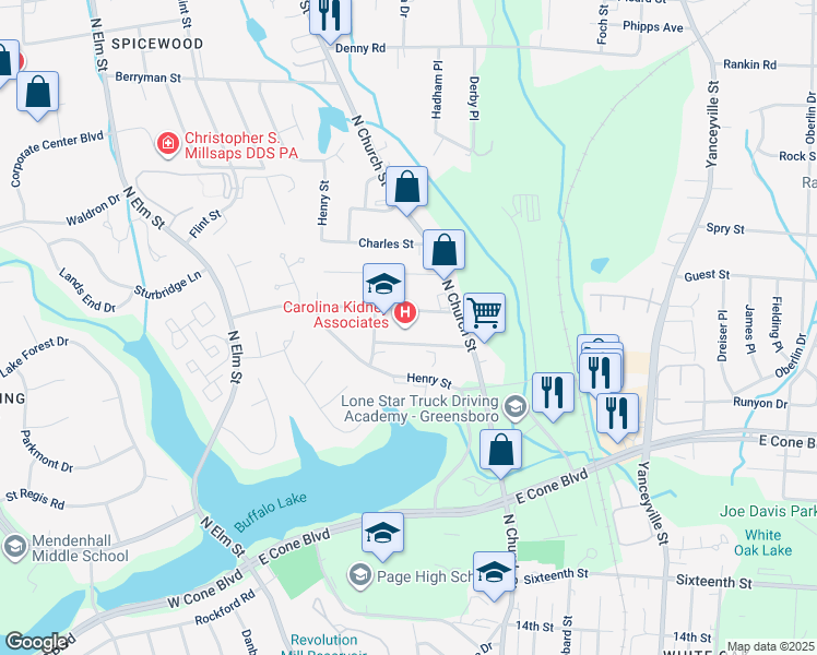 map of restaurants, bars, coffee shops, grocery stores, and more near 309 New Street in Greensboro
