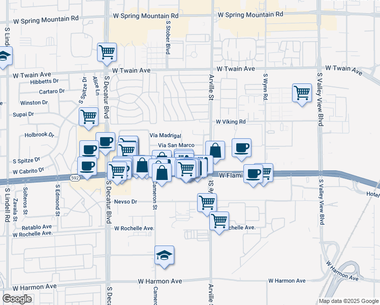 map of restaurants, bars, coffee shops, grocery stores, and more near 4498 Vía San Rafael in Las Vegas
